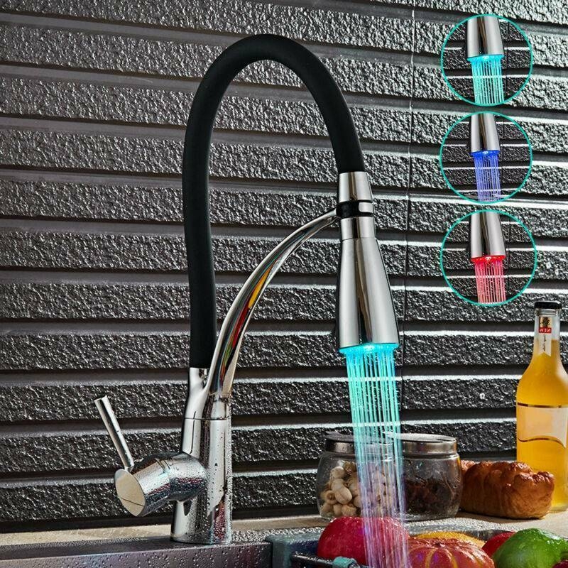 Picture of LED Kitchen Sink Mixer Taps Swivel Spout Pull Out Basin Tap Black Chrome Faucet