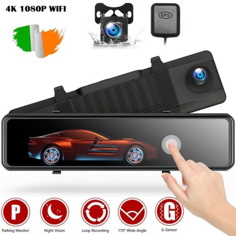 Picture of 4K GPS Mirror Car Dash Cam 12" Touch Screen Dual Front and Rear Camera