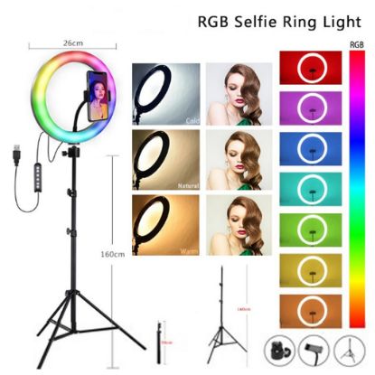 Picture of 10" LED RGB Ring Light Dimmable Lighting Kit Phone Selfie Tripod Makeup Youtube